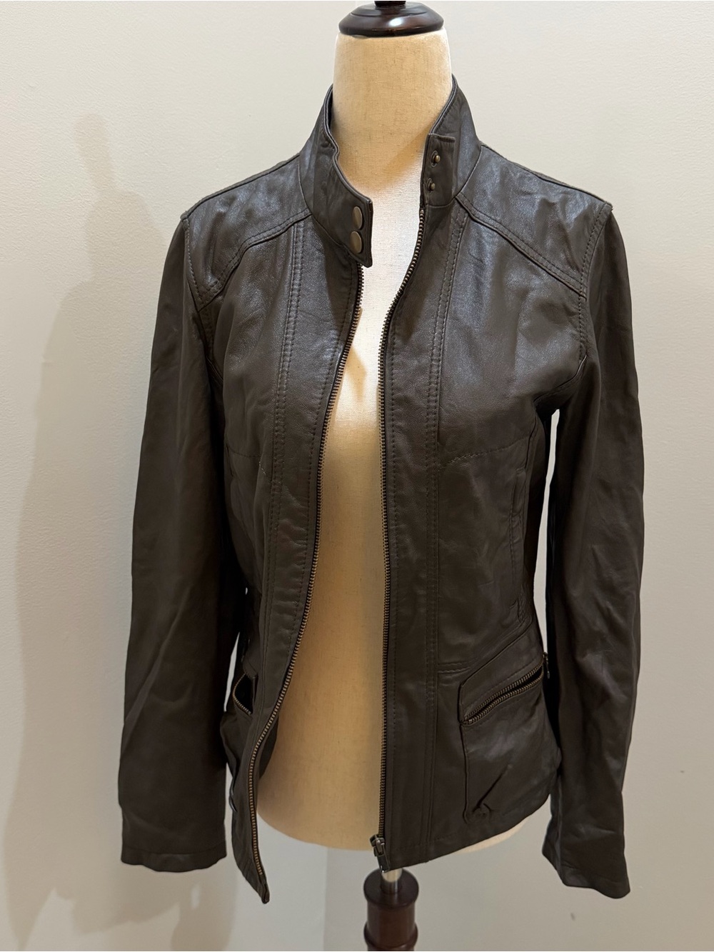 REZREKSHN by Esther Chen Leather Jacket Women's Size S Dark Brown Moto Biker